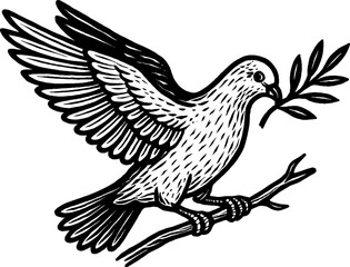 Fototapeta premium A monochrome illustration of a dove in flight, clutching an olive branch. The bird is perched on a branch, symbolizing peace and hope with simple artwork.