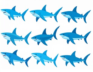 Fototapeta premium Group of blue sharks swimming in formation across the ocean depths, showcasing their streamlined bodies and powerful tails in a serene marine scene.