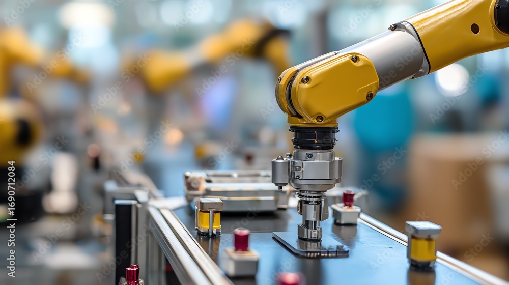 Poster a robotic arm precisely manipulates components on a conveyor belt within a modern, automated factory