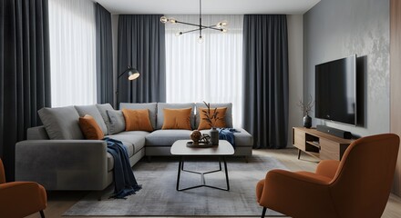 Modern Living Room Interior with Gray Sectional Sofa and Orange Accent Chair png clear alpha channel cutout isolated on transparent background
