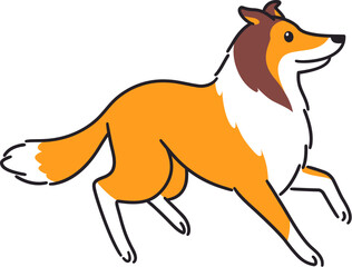 Cute cartoon running Rough Collie dog drawing. Funny vector clip art illustration.
