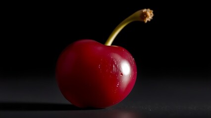 A single glossy cherry in extreme close-up, bathed in dramatic light against a dark backdrop.