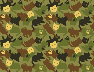 Cute cartoon cat silhouette camouflage pattern. Cats in different poses, paw prints and faces, forest green camo colors. Tileable vector illustration.