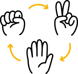 Rock Paper Scissors game diagram. Hand drawn doodle icons with arrows showing which gesture wins. Cute cartoon style vector illustration.