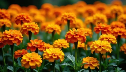 A profusion of colorful marigolds fills a garden bed , floral design, horticulture, bloom