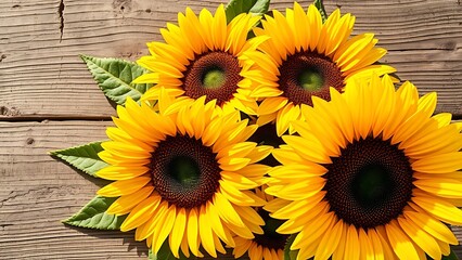 A vibrant sunflower arrangement on a rustic wooden surface, bathed in natural warm light.