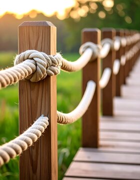Fototapeta Wooden bridge railing with rope