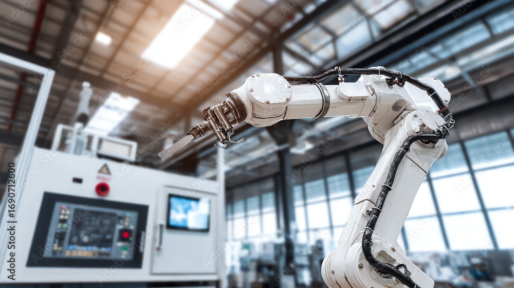 Poster a pristine robotic arm extends within a modern factory setting, showcasing automated precision and t