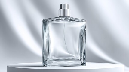 The empty glass perfume bottle sits atop a white podium against a white backdrop, embodying a minimalist design aesthetic and modern luxury product presentation that is both elegant and stylish