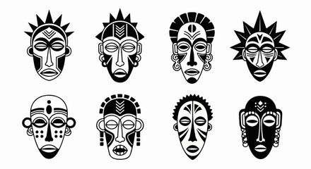 Collection of African Tribal Masks in Black and White.