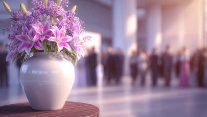 A corporate event is held in an elegant setting, featuring professionals who network and socialize in a formal environment characterized by refined decorations, as suited businesspeople converse and