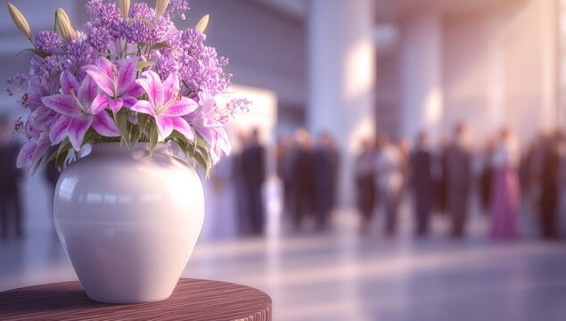 A corporate event is held in an elegant setting, featuring professionals who network and socialize in a formal environment characterized by refined decorations, as suited businesspeople converse and