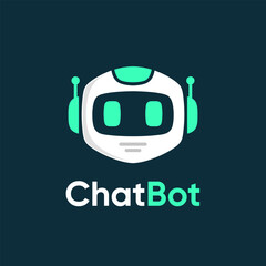 Modern Chatbot logo with a friendly robot head mascot. AI virtual assistant icon for technology, customer service, and app branding. Flat vector illustration.