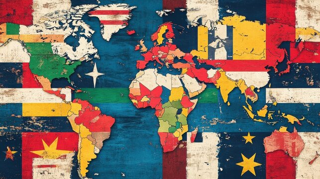 A colorful world map with country borders filled with various flag designs and textures overlayed - Powered by Adobe