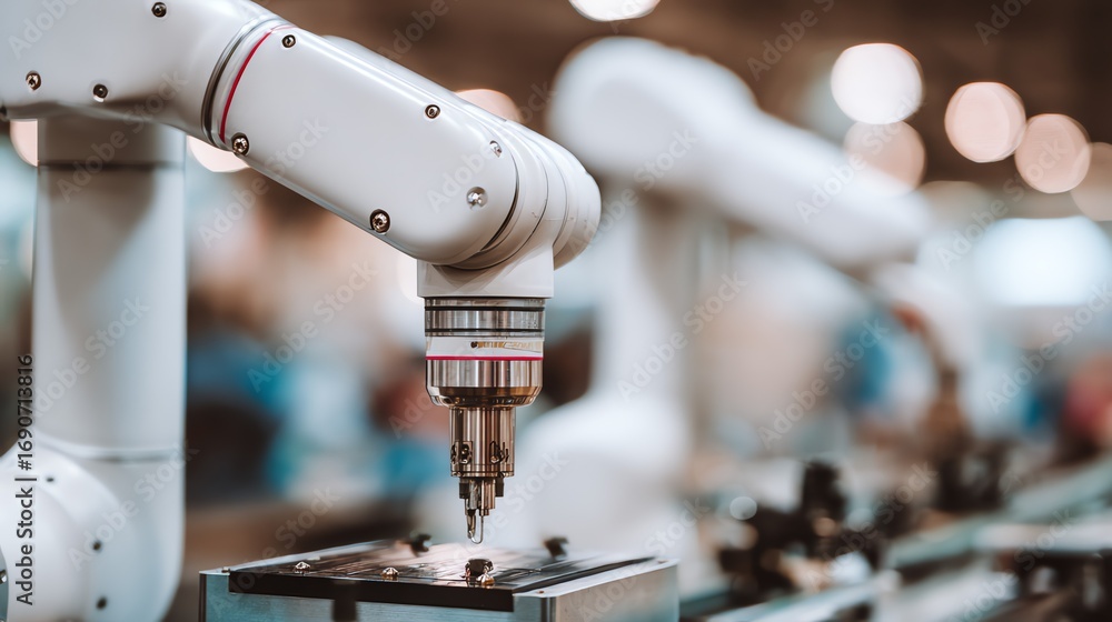 Poster a robotic arm meticulously performs precision work on a metallic component within a modern industria