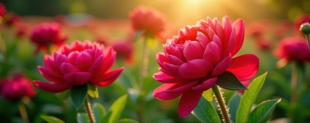Deep red peonies bursting with color, sunlight , floral, texture