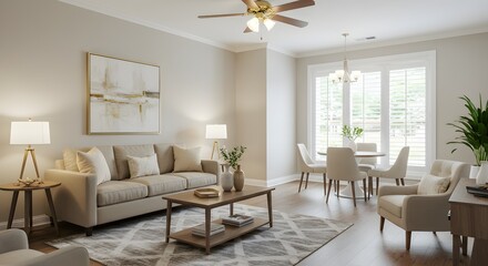 Fototapeta premium Modern Neutral Living Room and Dining Area with Natural Light png clear alpha channel cutout isolated on transparent background