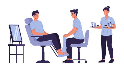 A professional barber carefully shaping and styling a young man s beard and hair in a modern salon setting with tools and products displayed