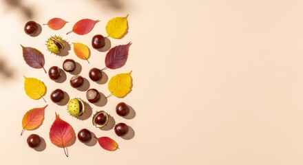 Autumnal Chestnuts and Leaves.