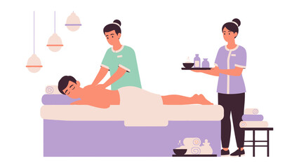 Two female spa therapists providing a relaxing massage to a male client on a massage bed with aromatherapy and spa products