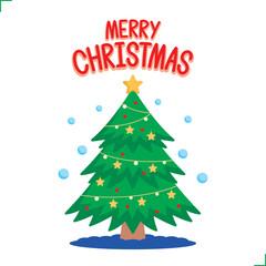 christmas tree with decoration items and merry christmas text graphic vector
