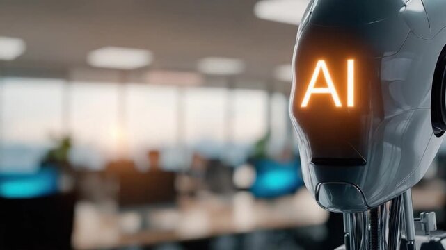 AI in the Workplace: Futuristic robot with AI illuminated on its face, symbolizing the integration of artificial intelligence in a modern office.