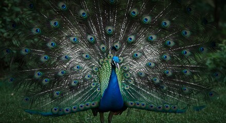 Obraz premium Peacock displaying its vibrant iridescent tail feathers in a dark, moody forest setting