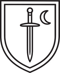 Medieval Shield with Sword and Crescent Moon Line Art