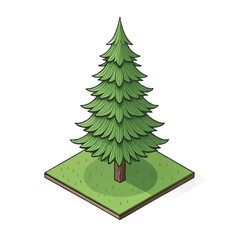 Isometric Illustration: Lush Green Evergreen Tree on Grass Patch, Simple Style, Nature Theme