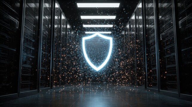 A server room with rows of servers and a glowing shield in the center of the hallway view