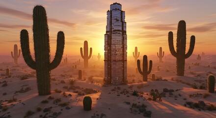 Futuristic skyscraper in a desert with saguaro cactus at sunset
