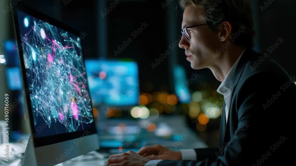 Poster a man in modern office working late at night analyzing complex data visualization and global data ne