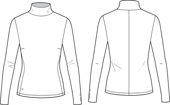 Women’s turtleneck long sleeve top front and back view, fitted style, seamless design, casual wear, layered clothing, vector fashion design, cad drawing flat vector illustration
