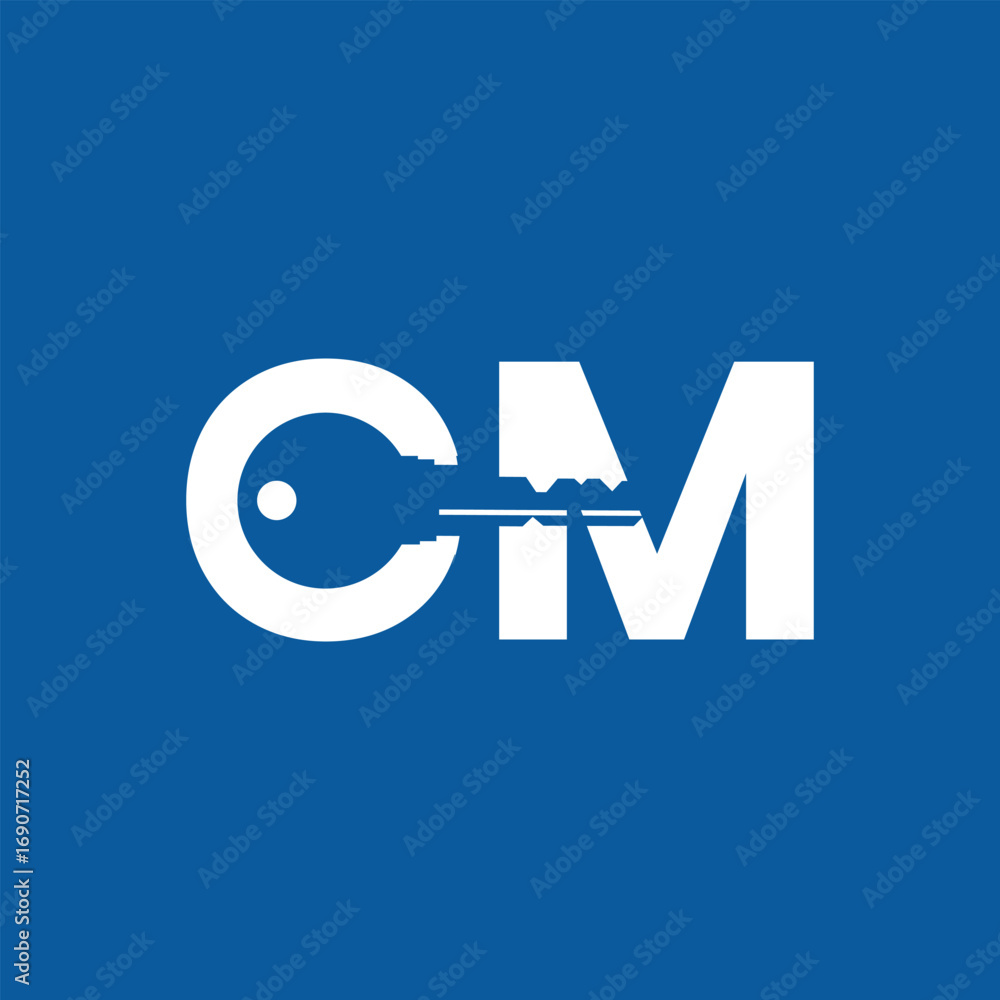 Poster the image shows a monogram logo design of an initial letter cm with a key shape on the negative spac