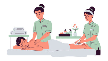 Two professional masseuses in uniform giving a relaxing full body massage to a contented male client on a massage table in a bright spa setting