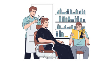 A skilled barber in a vintage barbershop meticulously cuts a client s hair while another man waits patiently reading a magazine