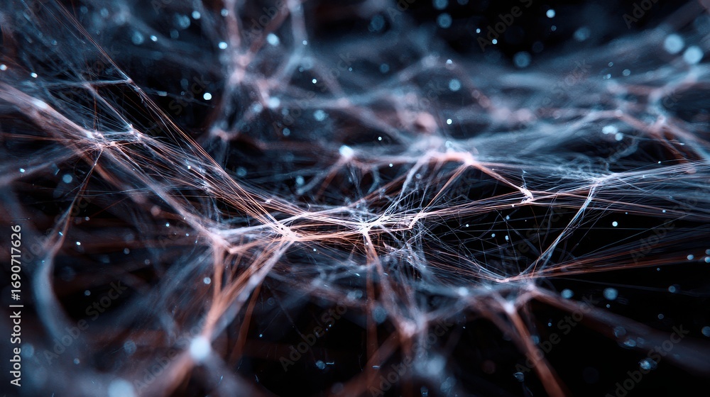 Poster an abstract representation of interconnected networks with glowing particles and lines in dark space
