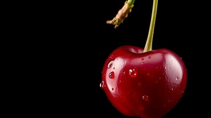 Close-up of a single ripe cherry with water droplets on dark background.