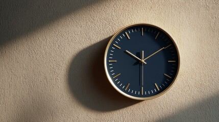 Modern minimalist blue wall clock with black face and gold accents, natural light casting shadows on textured cream wall, elegant timepiece with copy space on right