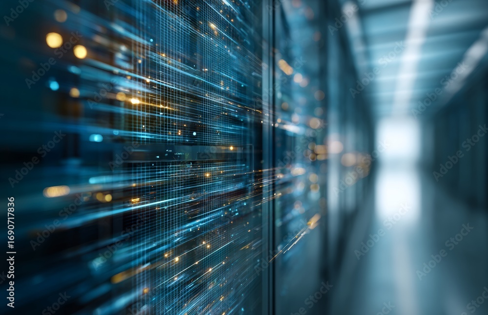 Poster the server room is equipped with infrastructure that includes racks of servers, utilizing data cente
