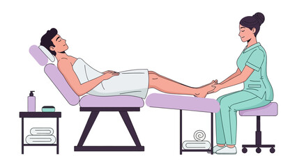 Man receiving a relaxing foot massage from a therapist in a spa or clinic setting with a clean white background