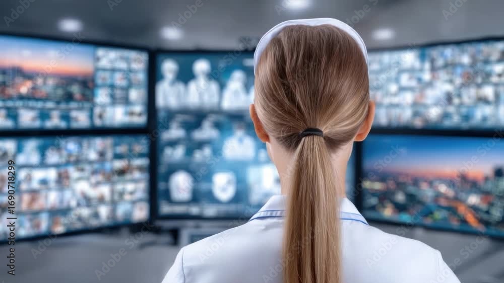 Poster digital panorama: a focused figure observes a sea of global interactions through a panoramic display