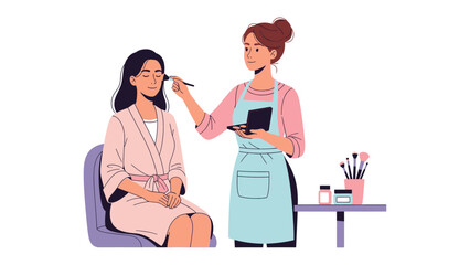 Professional makeup artist applying cosmetic makeup to a woman sitting in a chair in a beauty salon setting