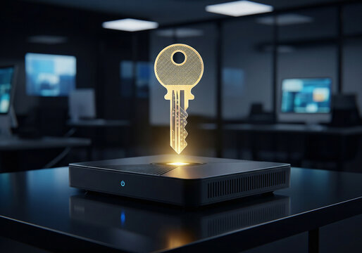 A device in an office with a glowing holographic key icon symbolizing digital access and encryption keys