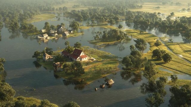 Flooded Village: Aerial view showcases a serene, inundated landscape where a rural village emerges from the encompassing floodwaters.