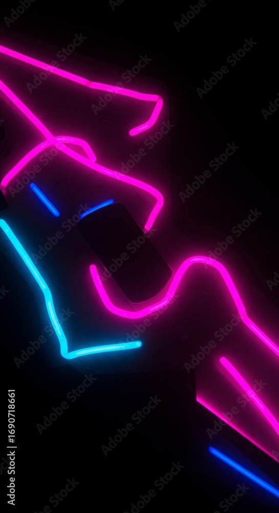 Poster abstract dark background with bright neon lights in pink and blue. modern glowing lines creating fut