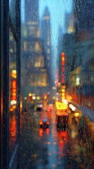 Naklejka premium Rainy Cityscape Viewed Through Rain-Streaked Window