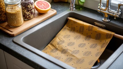 Fototapeta premium Kitchen Sink with Jars of Lentils Beans and Grapefruit Half Covered by Patterned Cloth food jars