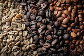 Fototapeta premium Coffee beans in various degrees of roasting.