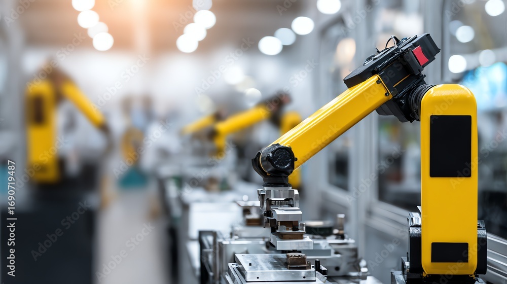 Poster a bright yellow robotic arm meticulously performs precision assembly on a metallic component within 
